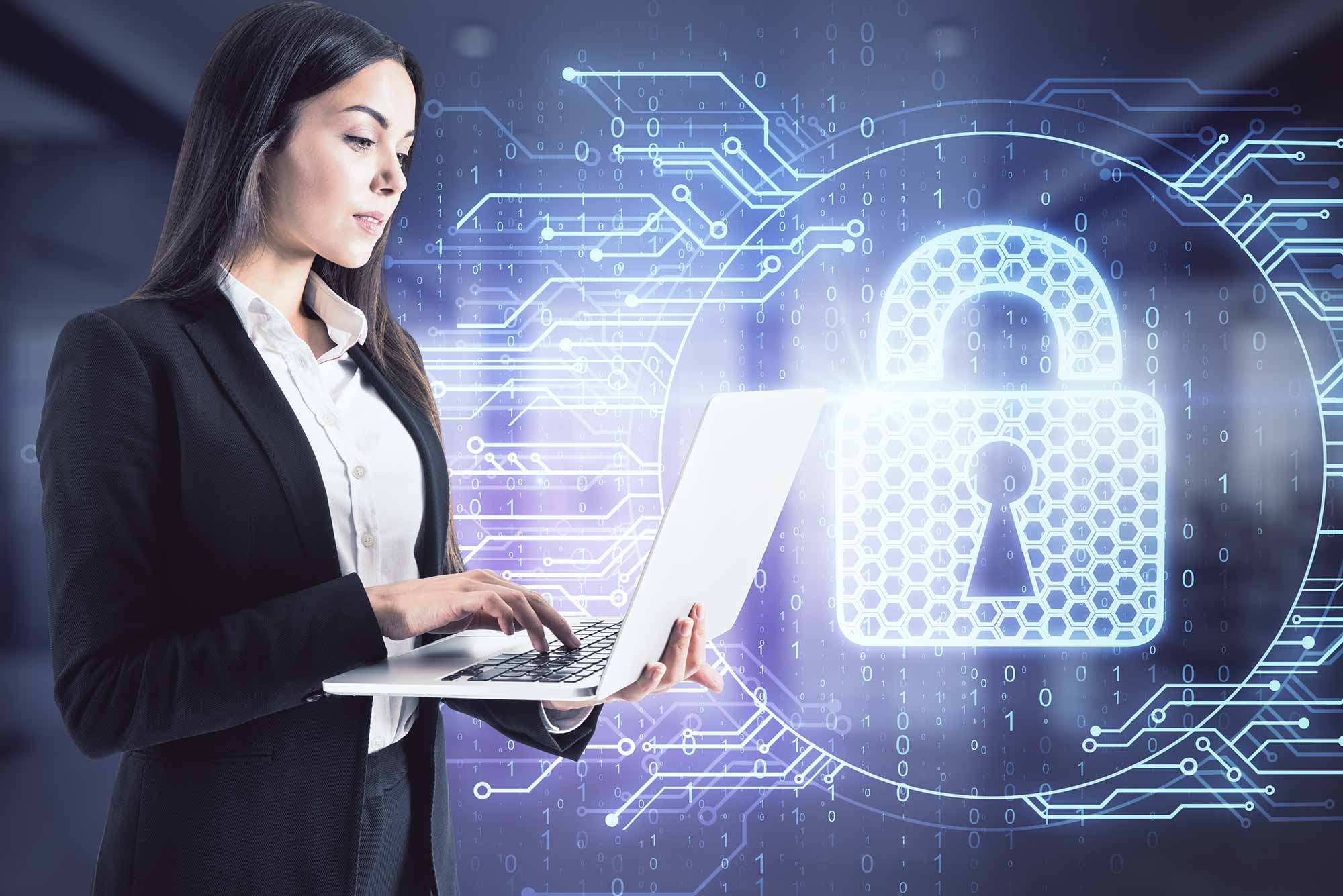 Girl holding a laptop in his hand and doing cloud Computing